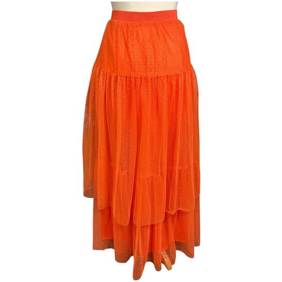 Anthropologie Orange Tiered Maxi Skirt Size Small Pull-On Mesh Overlay Boho Flow - Picture 3 of 10
